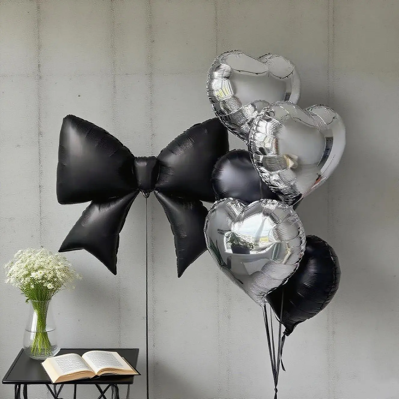 7-piece set, black bow balloon set, bow heart foil balloons (including 5 hearts + 1 bow + 1 ribbon) suitable for birthdays, showers, anniversaries, brides' engagement parties, indoor and outdoor background decoration items Balloon Party Supplies