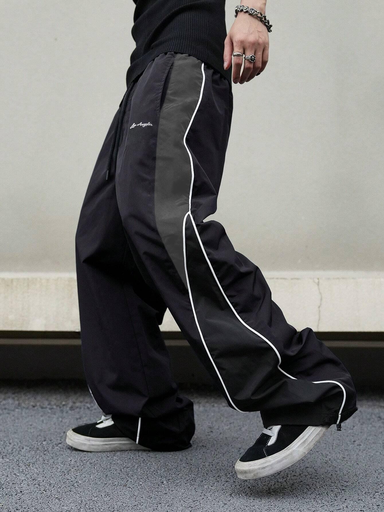 Men's Oversize Baggy Track Pants - Y2K Menswear Streetwear Stylish Loose Windbreaker Pants, Elastic Waist Drawstring Athletic Sportswear Casual Wide Leg Joggers for Everyday Street Use