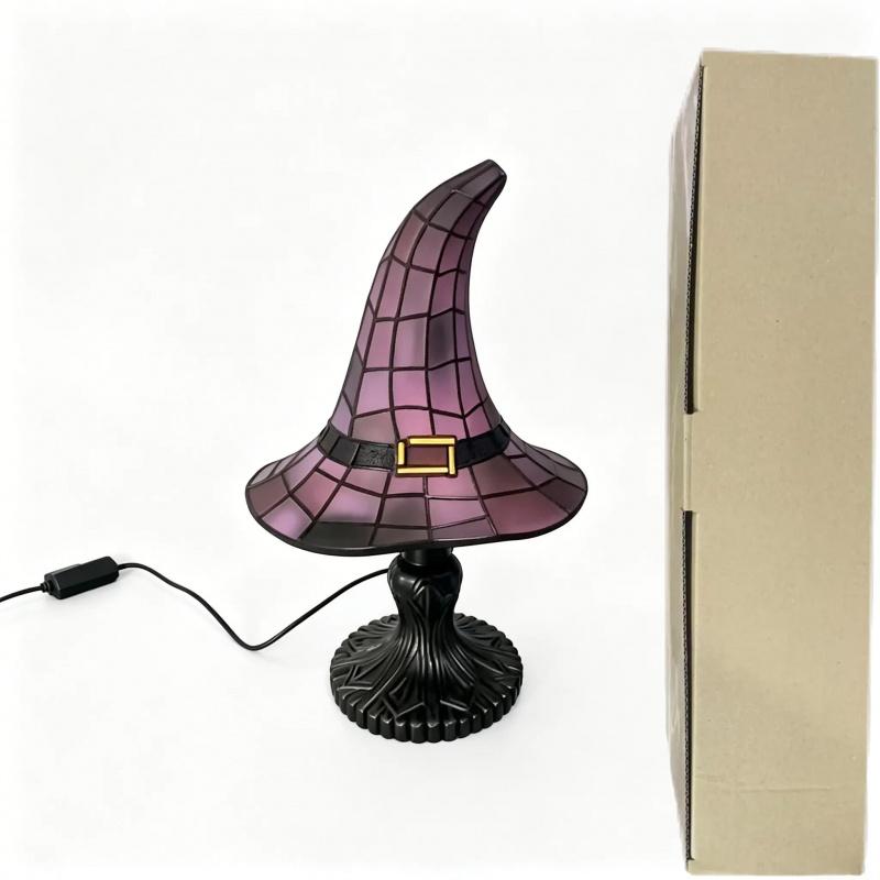 Colorful Glass Witch Hat Lamp, Handmade Vintage Resin Witch Light, USB Powered Magic Gothic Wizard Hat Nightlight, Spooky Halloween Home Decor Lamp, Bedroom and Bookshelf Decor Lamp, Decorative Lights