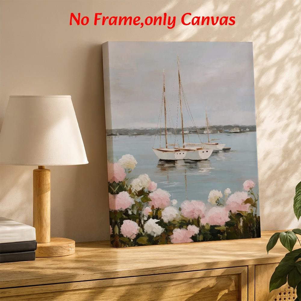 Travel Wall Art, Sailboats On Lake With Hydrangea Poster, Coastal Oil Painting Style Printing, Soft Blue Pink Canvas Decoration, Living Room & Bedroom Aesthetic, Perfect Housewarming Gift, Framed.