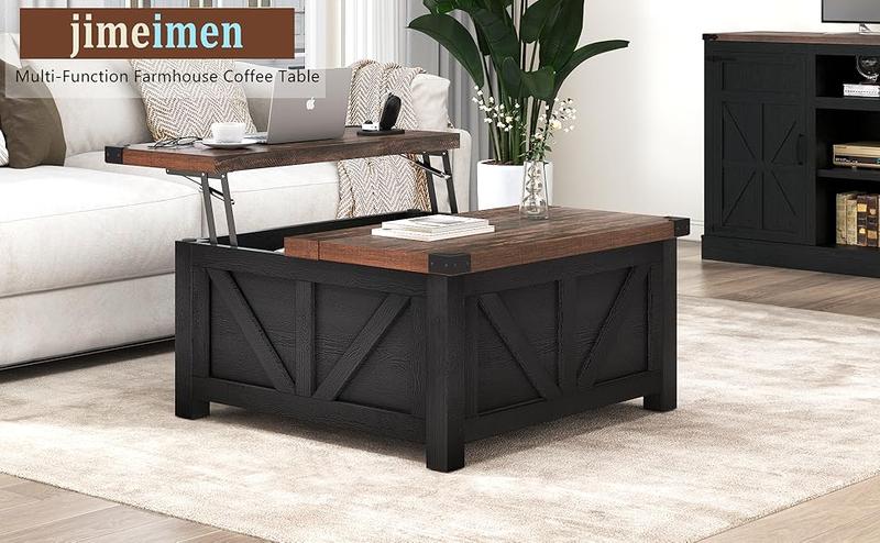 Farmhouse Lift Top Coffee Table with Storage, Wood Square Center Table with Charging Station&USB Ports, Living Room Central Table w/Large Hidden Space, for Living Room, Bedroom, Home Office