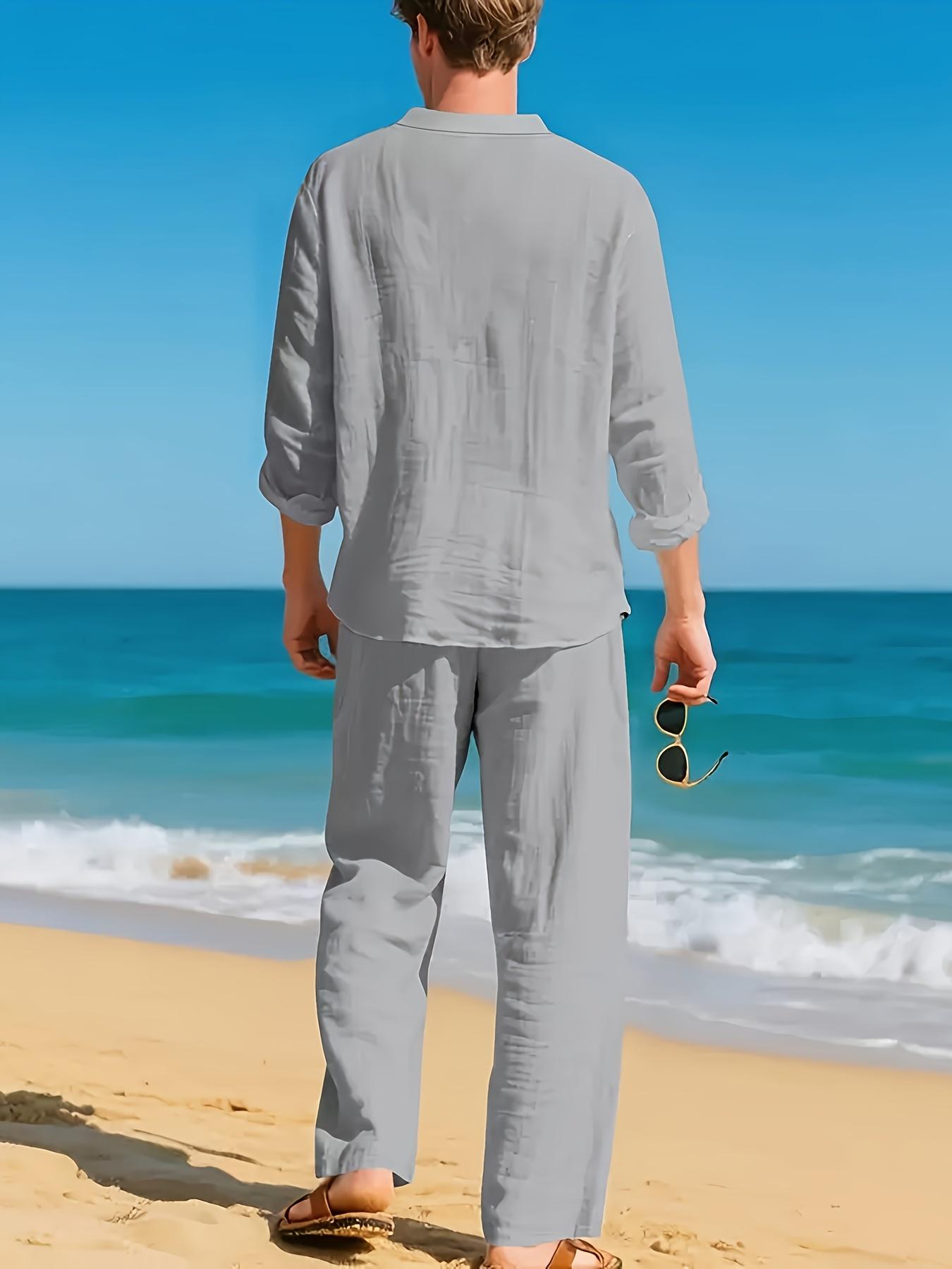 Men's 2-Piece Linen Pajamas & Loungewear Set - Long Sleeve, V-Neck, Loose, Breathable, Casual Menswear for Autumn, Winter