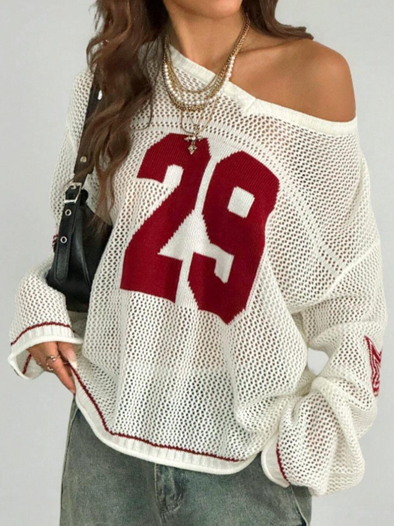 Women's V Neck Knit Pullover Sweater Long Sleeve Colorblock Hollow Out Star Number Design Fashion Casual Elegant Spring Summer Fall Wear