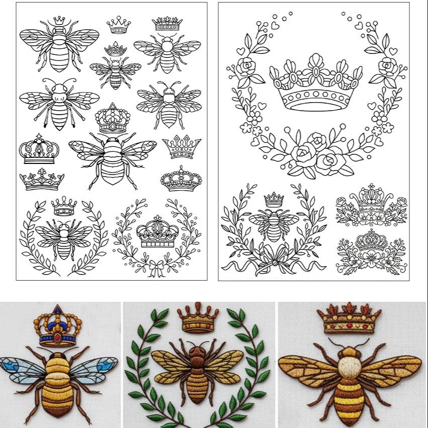 43Pcs Bee With Crown Water-Soluble Embroidery Patterns, Plant Pre-Printed Stabilizer Embroidery Stickers, Non-Woven Self-Stick Embroidery Stickers
