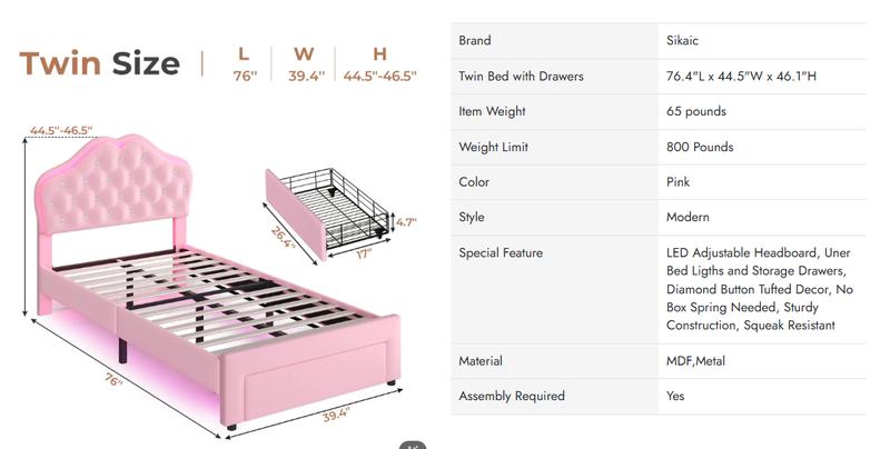 Sikaic Twin Size Velvet Princess Platform LED Bed with Storage Drawers and Adjustable Crystal Button Headboard Pink Comfortable Nursery Design Cute Bedroom