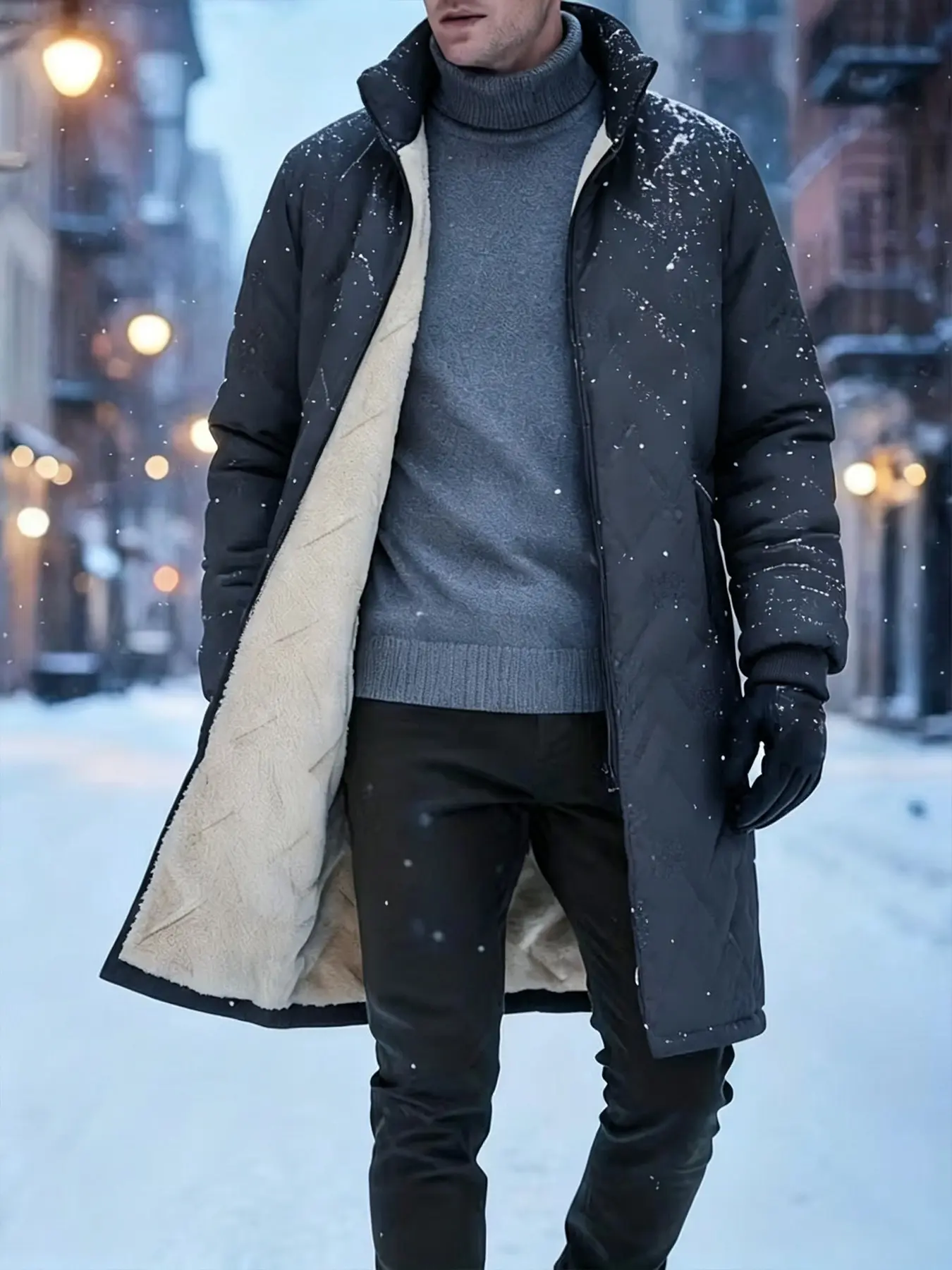 Men's Mid-Length Winter Coat, Casual Windproof Waterproof Fleece Jacket, Lived In Jacket, Thick Warm Long Sleeve Outerwear for Cold Weather
