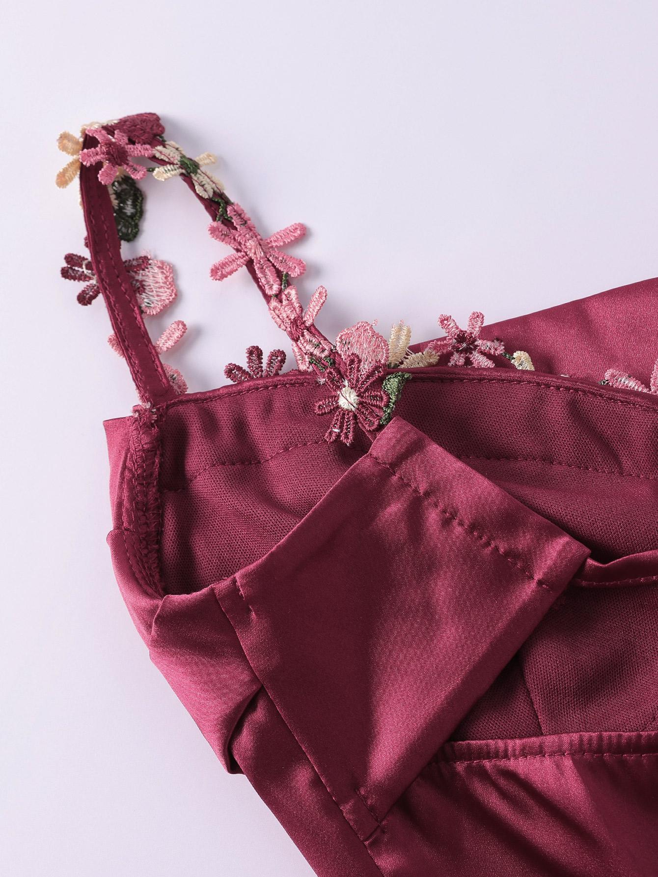 Parthea Backless Floral Embroidery Appliques Satin Ruched  Cami Long Dress,Women Formal & Evening Cocktail Dress