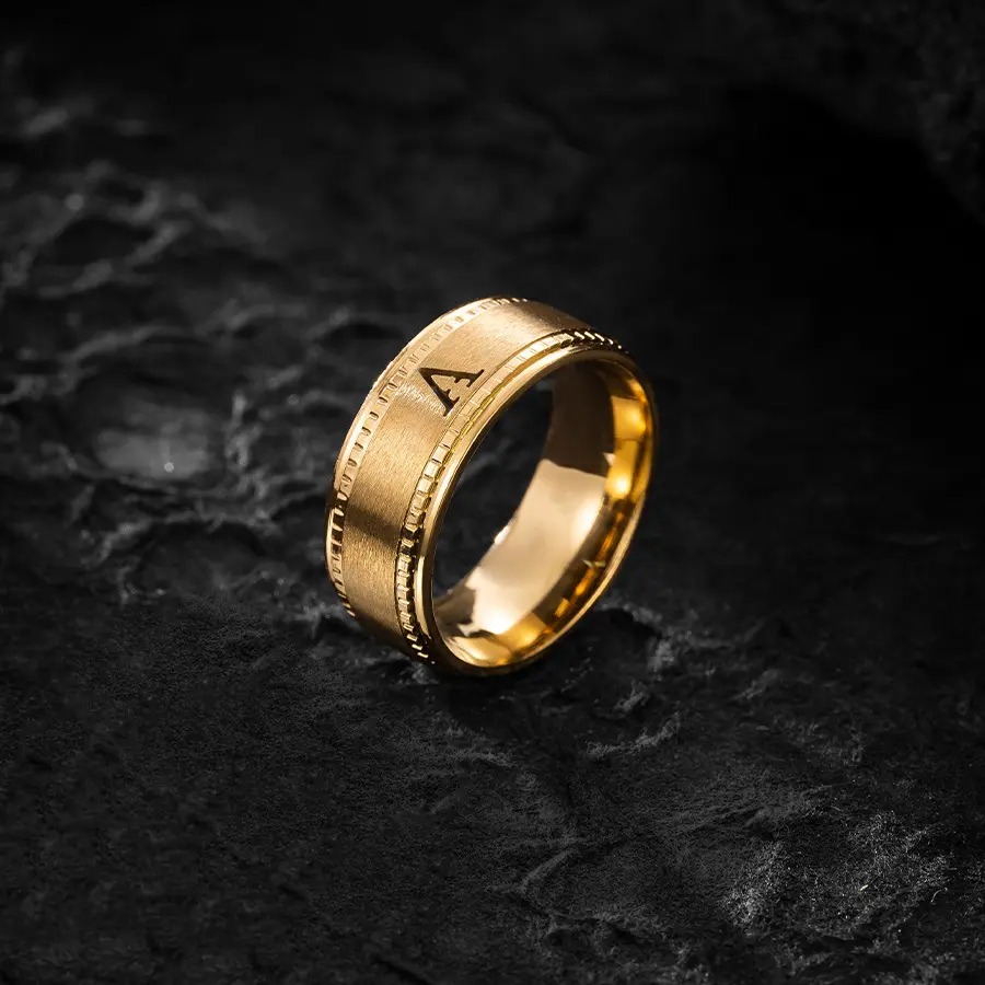 Men's 1pc Stainless Steel Double Step Matte Round Band - Custom Engraved Letter Initial Rings, A-Z Hollow Initial Letters, Personalized Jewelry, Classic Engagement Gift (3 Colors: Golden, Silvery, Black)