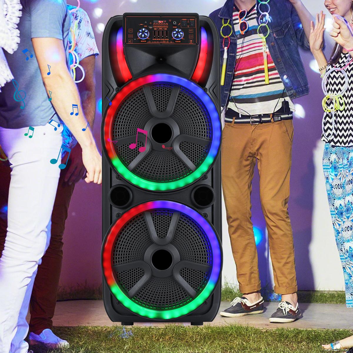 Dual 15 inch Karaoke Speaker System W/ 2 Microphone Portable Party Box Loud Big Speaker Wireless Bluetooth Stereo Rechargeable Remote Control LED Lighting