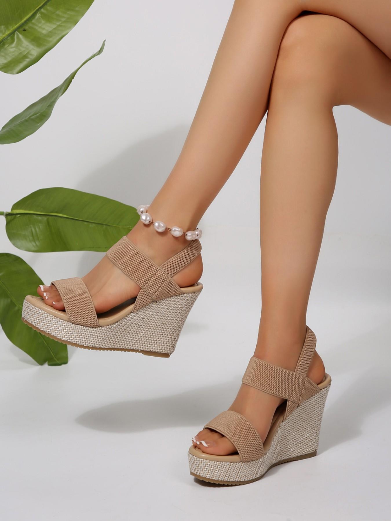 Women's Summer Wedge Sandals, Velcro Strap Textile Upper, Rubber Sole, Cross-Strap Open-Toe Thick Bottom Shoes, Vacation Casual Style