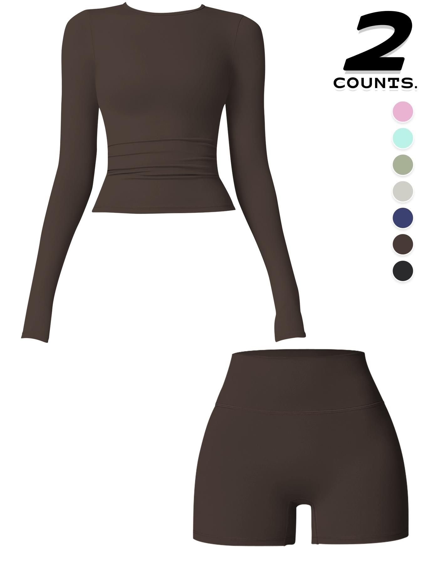 Women's Sporty Long Sleeve Top & Shorts Set, High Waist Tight-Fit Above Knee Activewear, Sweat-Wicking Quick-Dry Fabric for All Seasons, Solid Sports Sets, Gym Clothes Workout