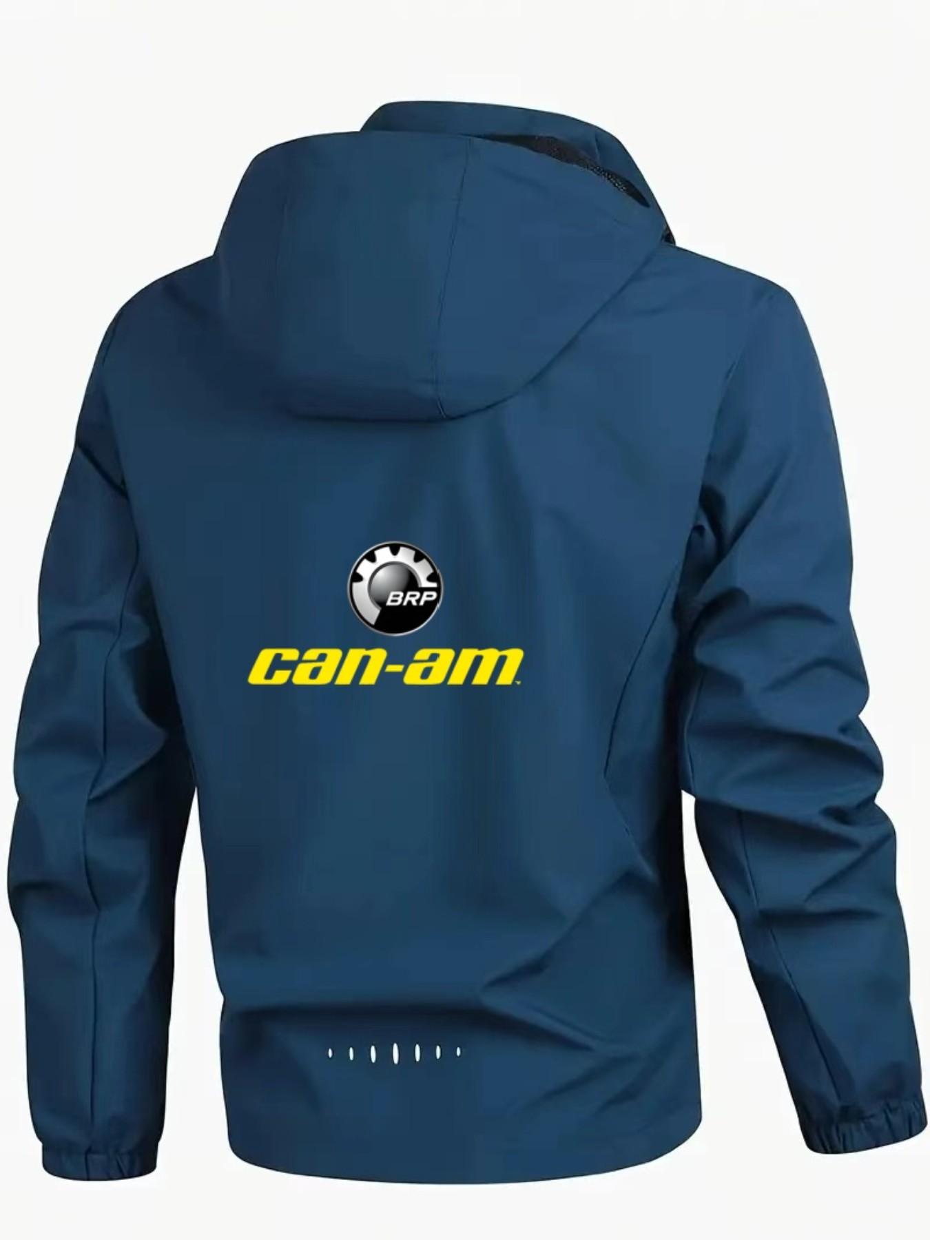 Men's Lightweight Polyester Fashion Fitted Hooded Jacket, Can-Am Letter Print, Full Zip Front, Casual Outdoor Spring & Fall Coat