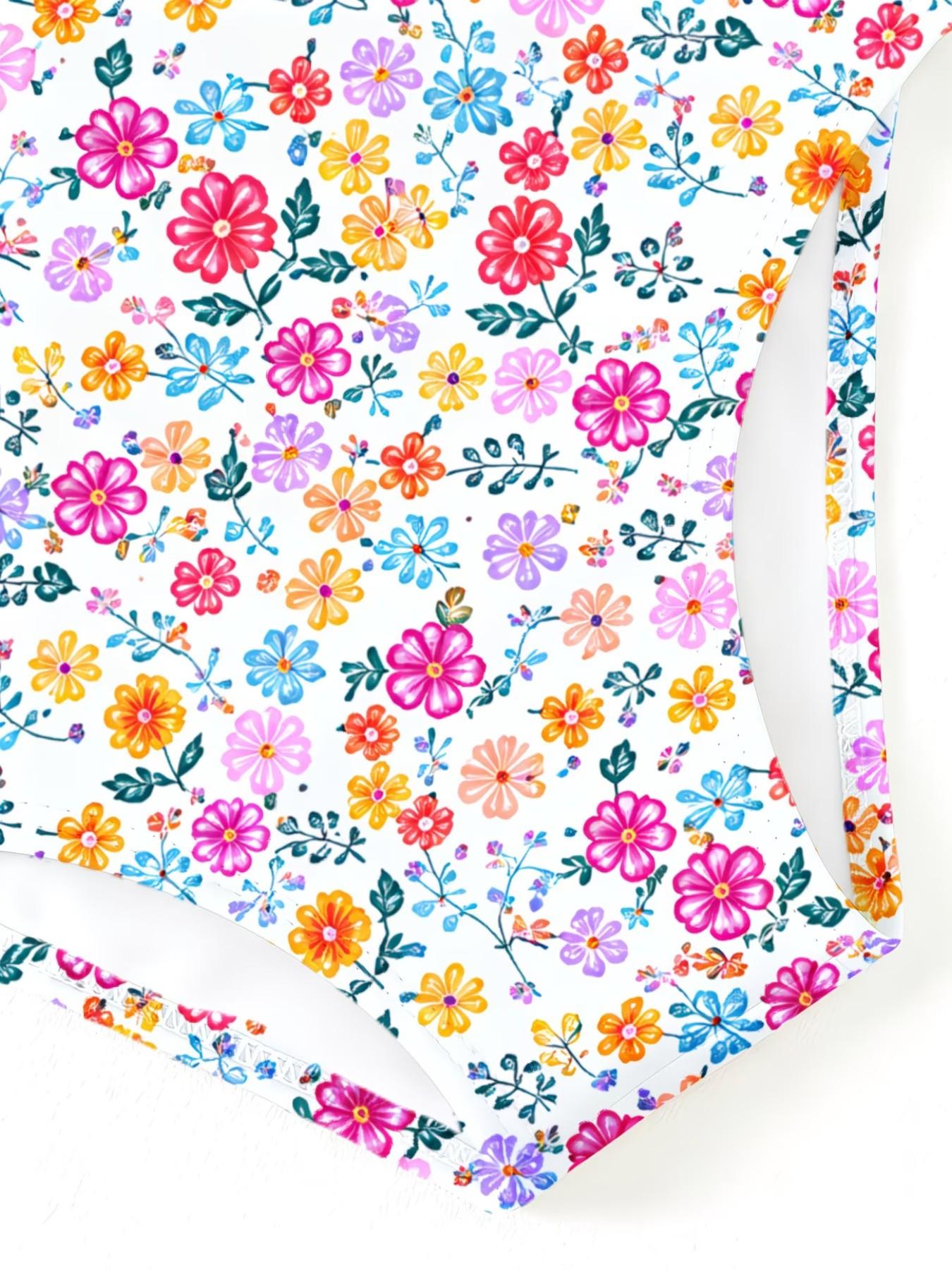 Colorful Floral Print Girls' Jumpsuit, Cute Cartoon Print, Ruffled Quick-Dry Kids Swimwear, Fashion Swimsuit, Beach Party