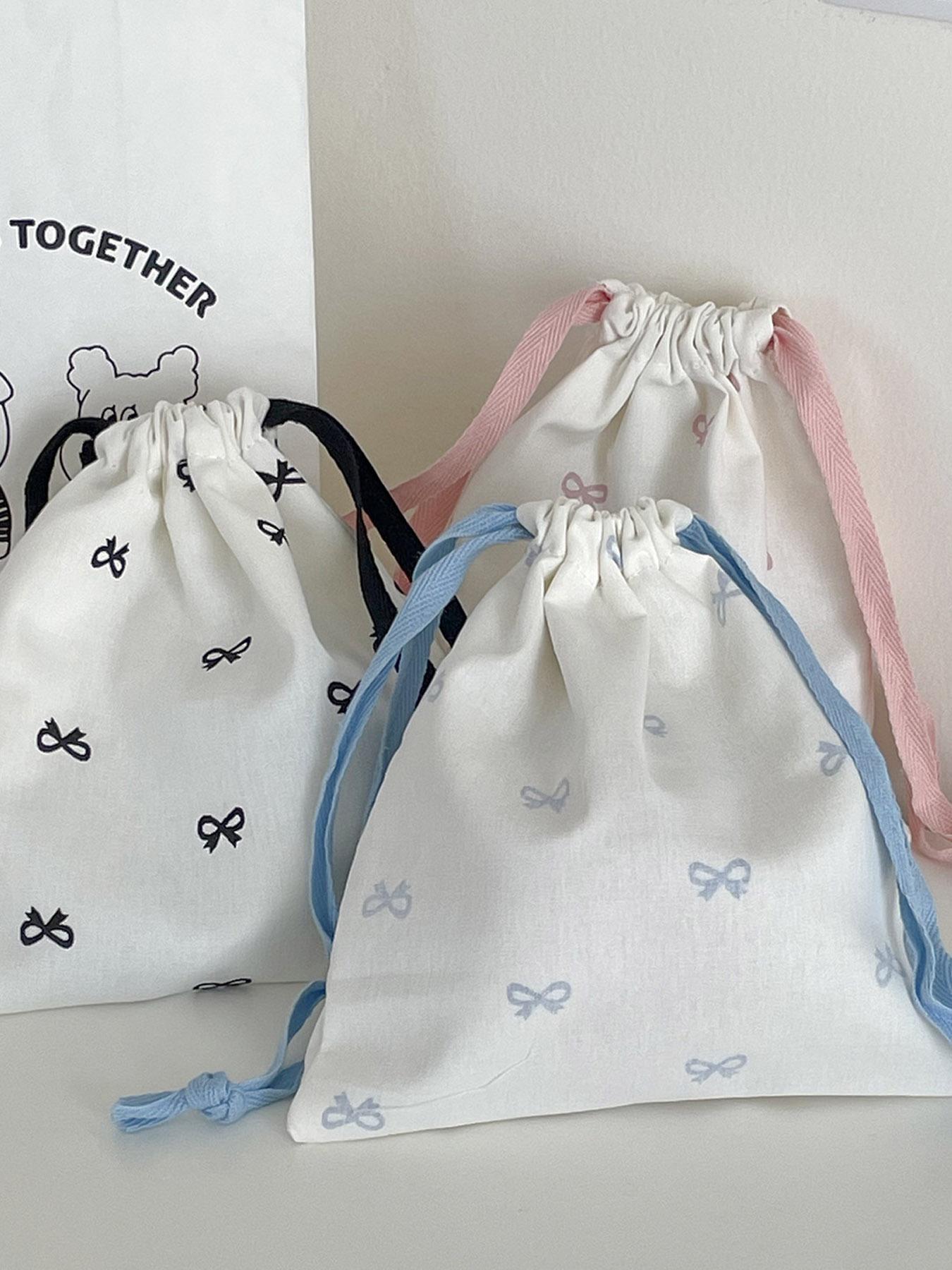 Sweet Bow Print Storage Bag Drawstring Backpack Cute Student Portable Travel Digital Organizer Hanging Bag New Year Valentine's Gift