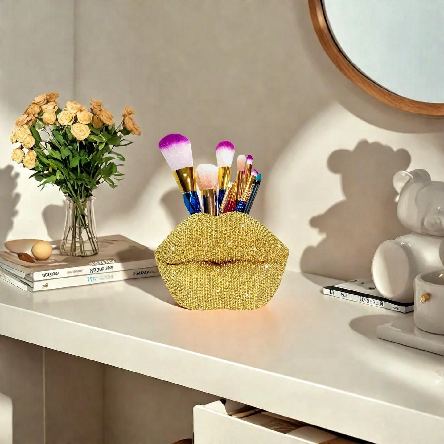 Sexy Lip Statue Ornament, Shimmering Storage Decor, Luxury Makeup Brush Holder, Ideal for Vanity, Bathroom, Christmas Gift