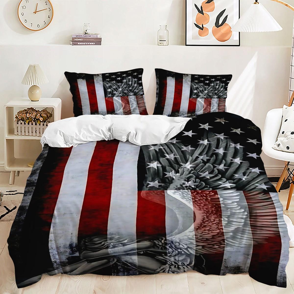2/3 Piece Patriotic Themed Bedding Set: Eagle And American Flag Print Duvet Set, Duvet Cover Sets, Soft And Breathable, Easy Maintenance, 1 Duvet Cover+1/2 Pillowcase, No Padding/Zipper Closure, Bedroom Decoration Bedding