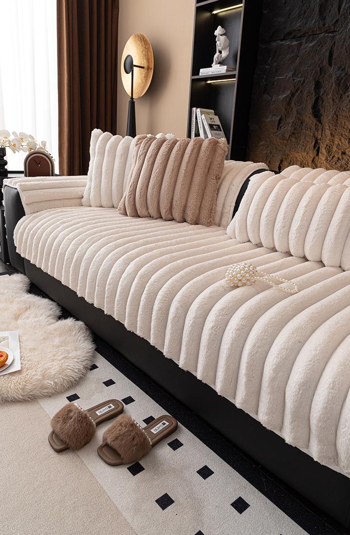 Plush Striped Sofa Cover, 1 Count Non-Slip All-Season Eco-Friendly Sofa Cushion Cover, Pet-Friendly Sofa Slipcover for Living Room and Bedroom Decor