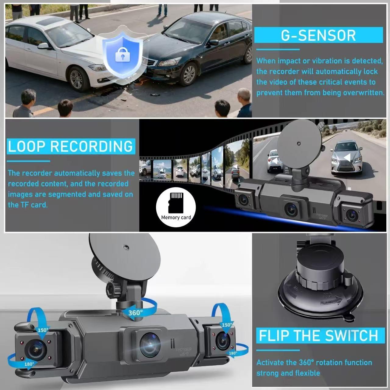 Four-Channel Dash Cam, Car Dashboard Camera, Full View Parking Monitor, 4-Inch Display, Wi-Fi, 64GB SD, Night Vision with Hdr, Car Dashcam, Dashcams for Cars, Wifi Dashcam