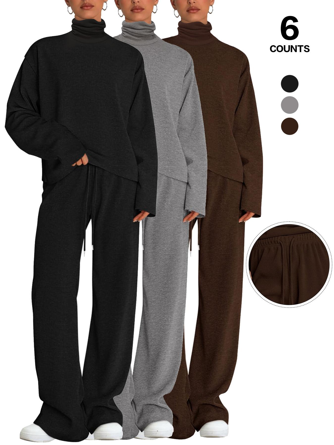 Women's 2 Piece Set Outfits Lounge Sets Ruched Short Sleeve Tops High Waisted Wide Leg Pants Tracksuit Sets, Elegant and casual high-round-neck long-sleeved basic two-piece set Casual Loungewear Set