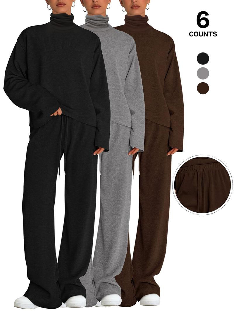 Women's 2 Piece Set Outfits Lounge Sets Ruched Short Sleeve Tops High Waisted Wide Leg Pants Tracksuit Sets, Elegant and casual high-round-neck long-sleeved basic two-piece set Casual Loungewear Set