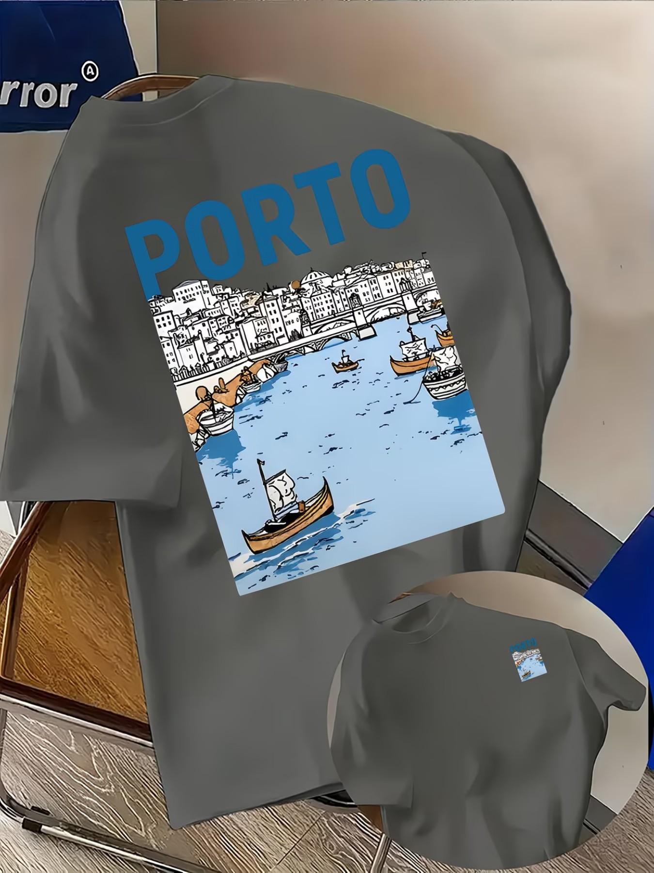 Men's Fashion T-Shirt 'porto' Letter Creative Pattern, Comfortable All Seasons, Loose Fit, Double-Sided Print