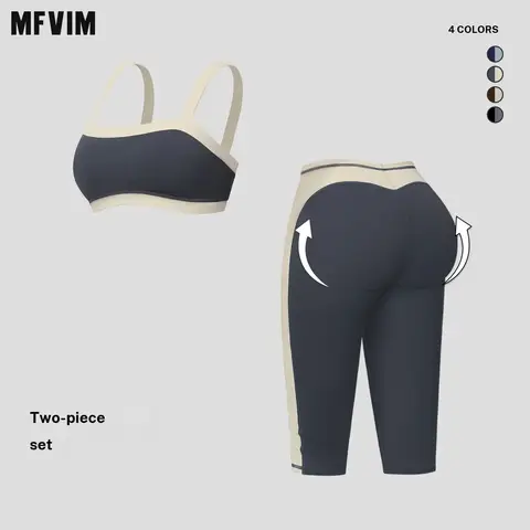MFVIM women’s nude-feel, skin-friendly color-block two-piece athletic set: low-cut, thin straps, shock-absorbing yoga bra with high elasticity, V-shaped peach butt design, 7/8 compression leggings training running set