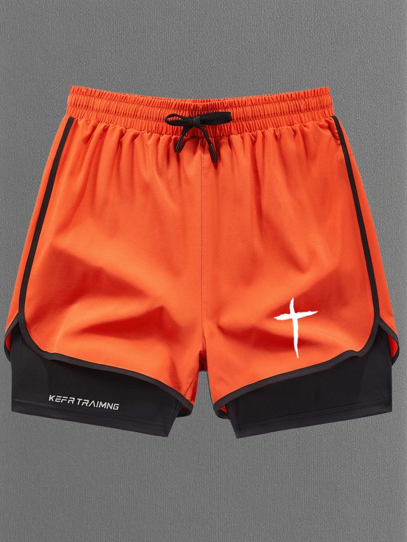 Men Women Regular Fit 2-In-1 Drawstring Waist Sport Shorts, Summer Pocket Print Casual Half Yoga Exercise Shorts, Fashionable Daily Wear