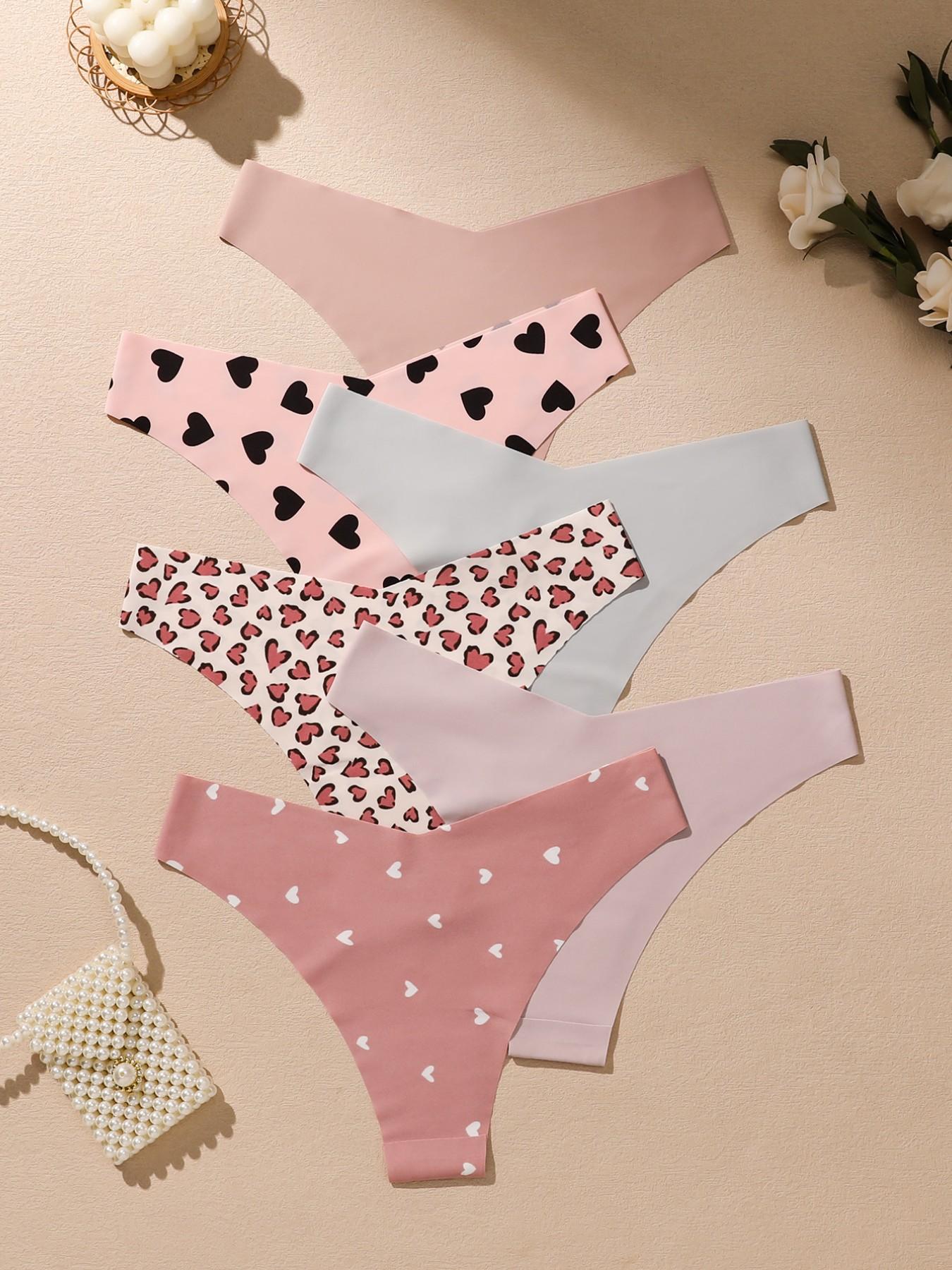 Valentine's Day Gift Set, 6-Pack Women's Seamless Panties, Heart & Leopard Print, Multi-Color Triangle Thongs, Comfortable Underwear