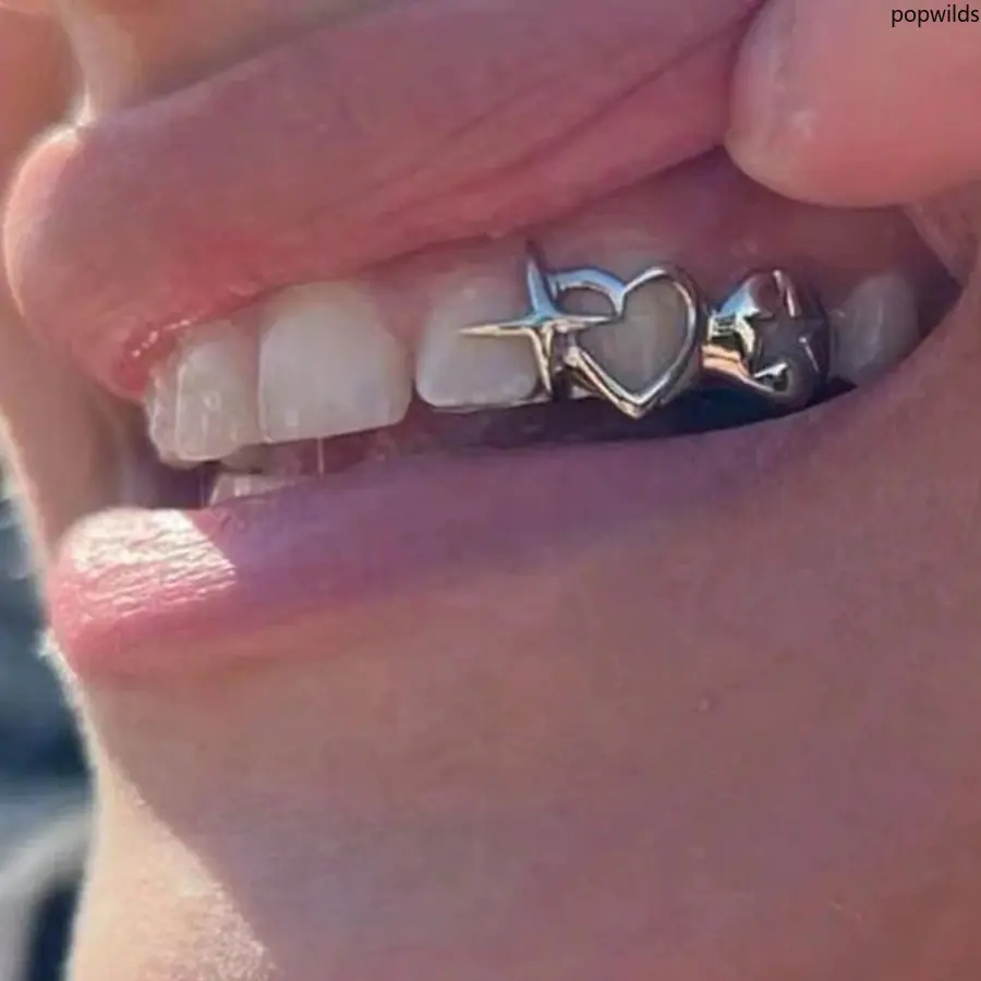 Hip Hop Teeth Grillz, Double Hollow Heart Star Design, Fashion Teeth Accessory for Performance Halloween Party Cosplay