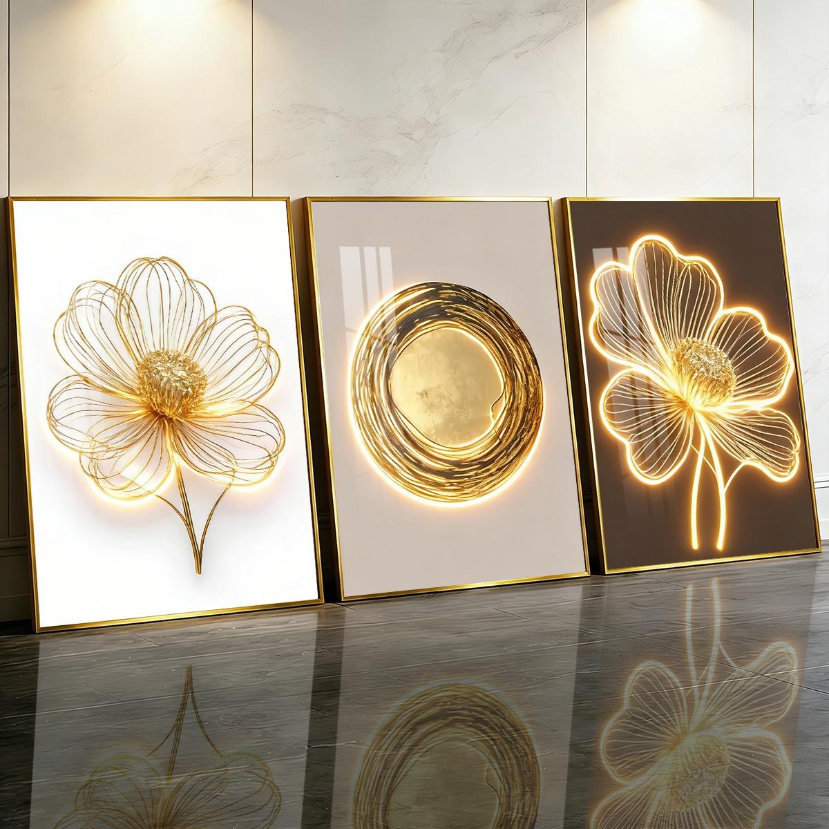 3 Counts Aluminum Alloy Framed Painting, Golden Wire Flower And Sun Abstract Art Pictures, Home Decoration For Living Room, Bedroom, Office, Restaurant, Hallway Wall Decor, Odorless Print Artwork, Luxury Perfect Gift For Friends And Family