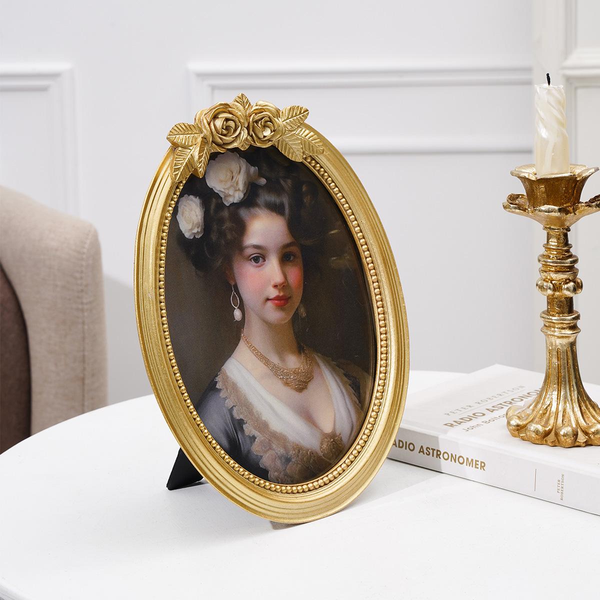 European Vintage Rose Carving Oval Photo Frame, Resin Material Hand-Painted, Home Decor for Bedroom, Living Room, Office