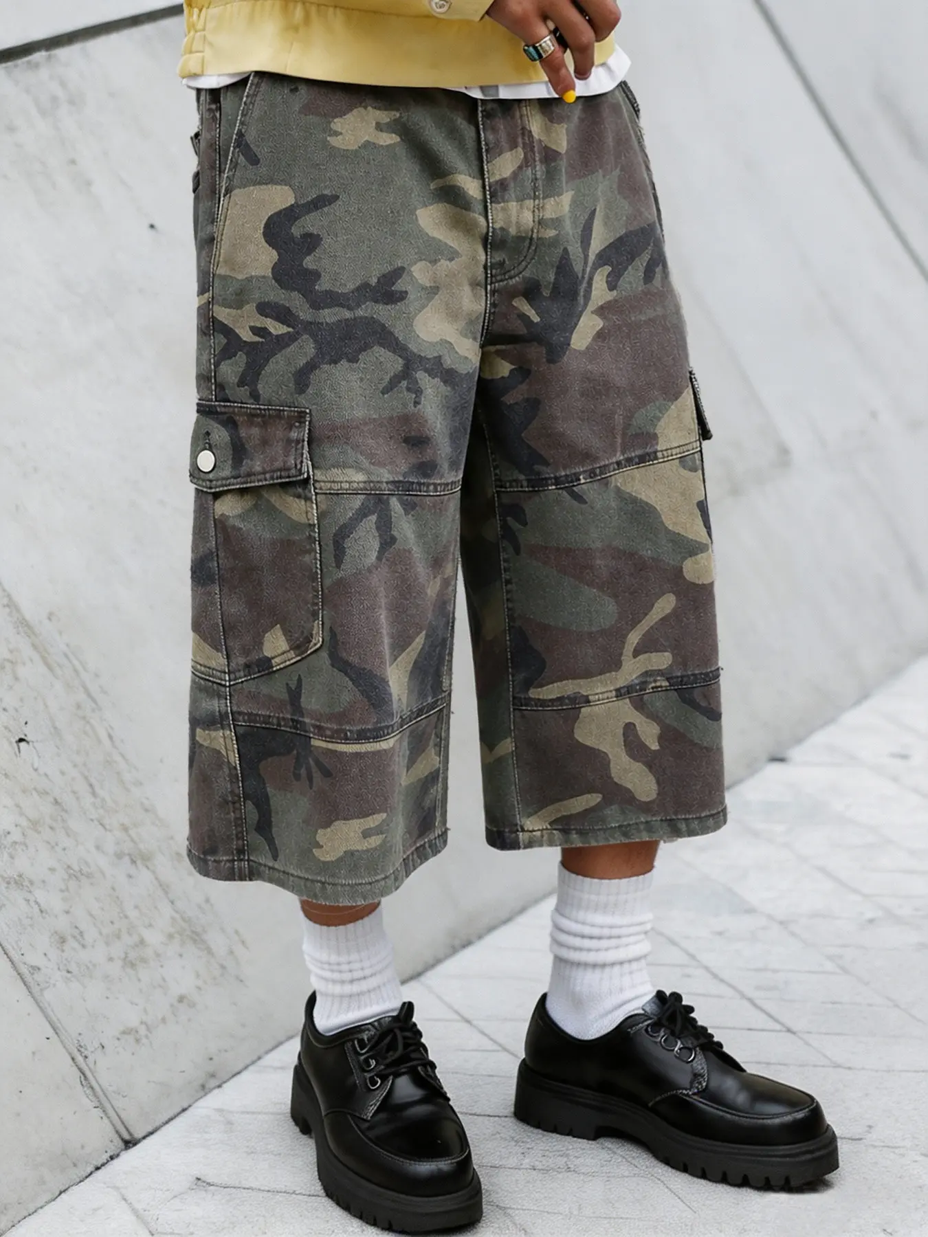 Summer Men's Denim Cargo Shorts, American Street Y2K Hip Hop Style, Wide Leg Loose Fit, Camouflage Military, Vintage Washed, Durable Cotton Fabric