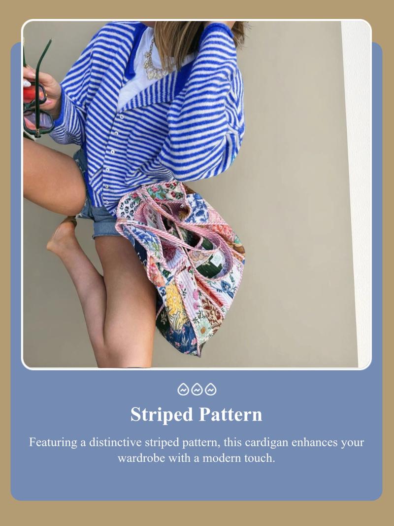 Women's Striped Cardigan, Casual Long Sleeve Knitwear for Fall & Winter, Women's Fashion Knit Clothing for Daily Wear