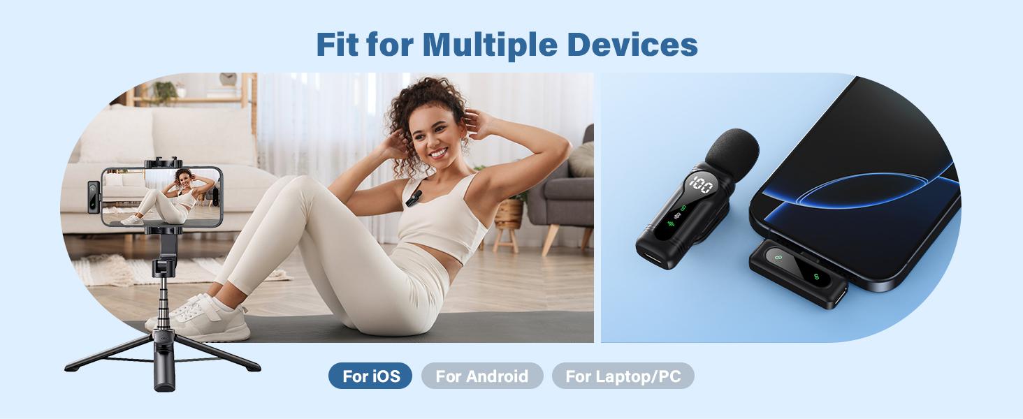 PQRQP Wireless Lavalier Microphone Dual Set – Plug & Play Clip-on Mic with Auto Pairing, Magnetic Mount, Noise Cancelling with LED display for iPhone, Android, USB-C Devices,Vlog & Video Recording