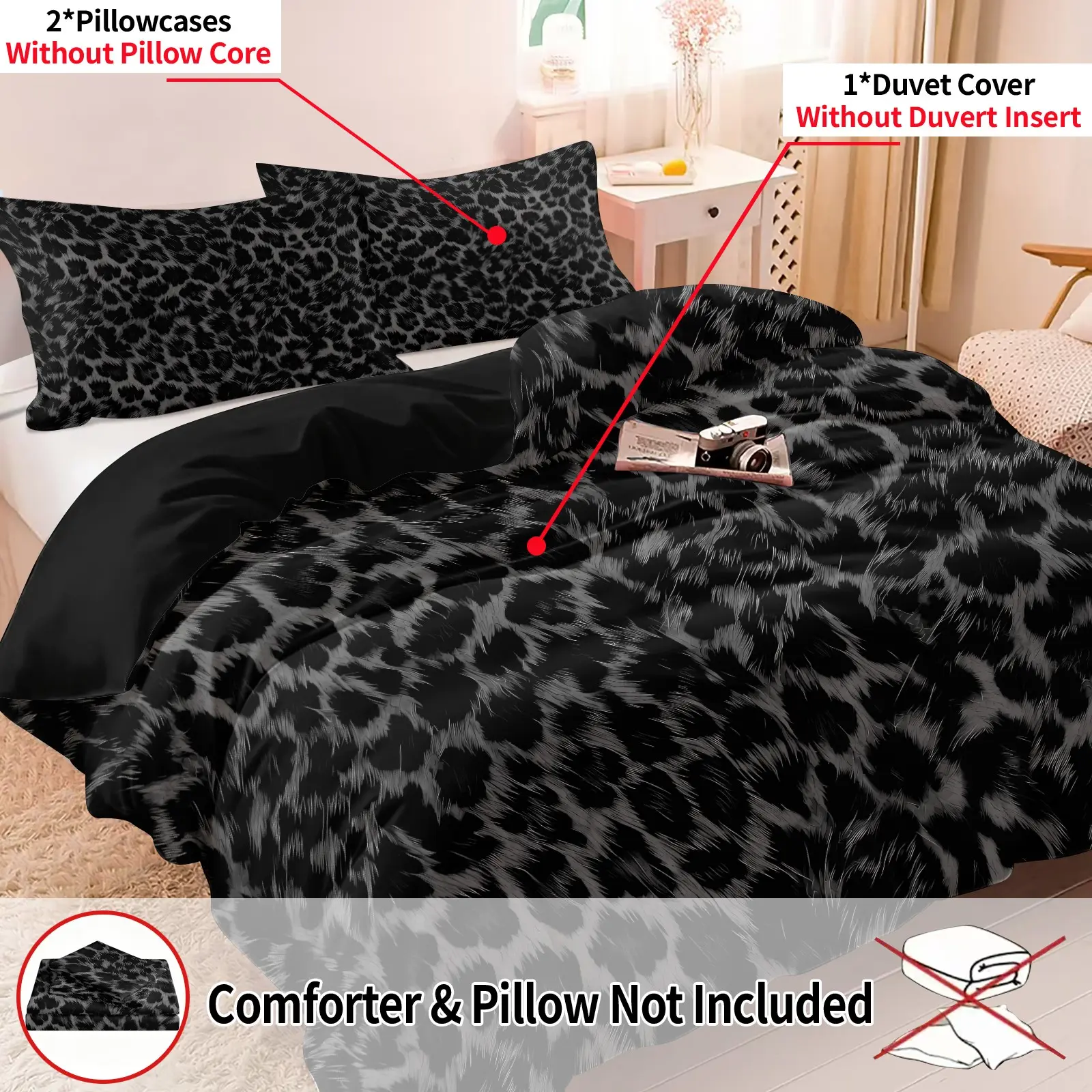 3Pcs Black Grey Leopard Print Duvet Cover Set, Includes 1 Duvet Cover + 2 Pillowcases, Soft Comfortable Breathable All‑Season Microfiber Fabric, HD Printed Wild Animal Pattern Bedding, Edgy Y2K Bedroom Decor