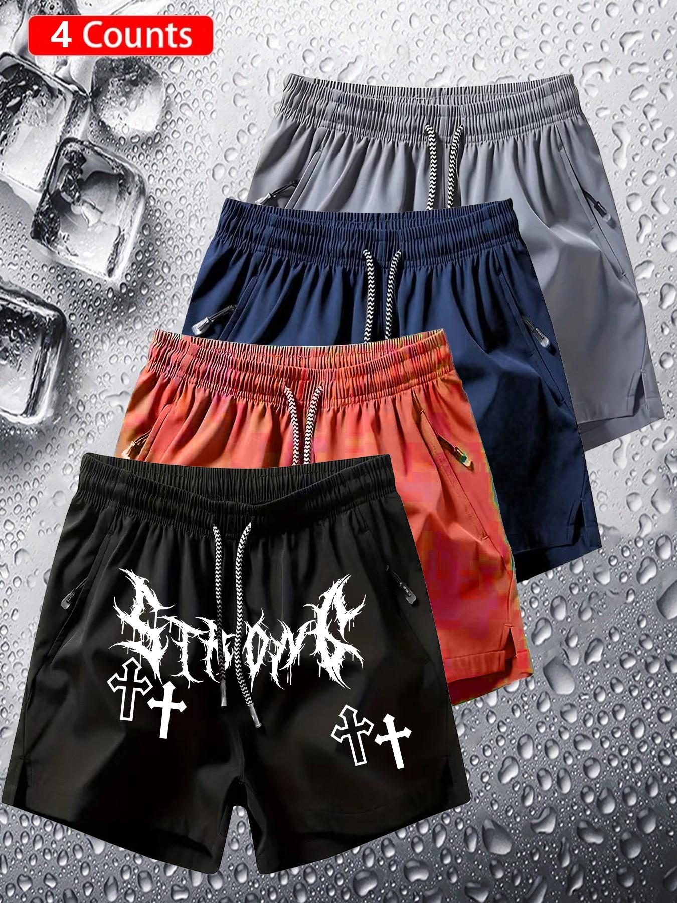 4-Pack Gothic Shorts, Dark Trendy, Unique Style, Strong Gothic Font Cross Print, Quick-Dry Breathable Fabric, Unisex, All Seasons