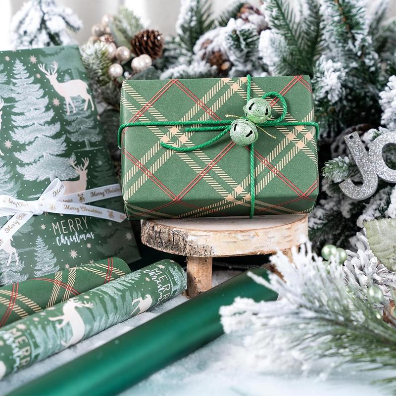 RUSPEPA 3 Rolls Christmas Wrapping Paper Set | Plaid, Solid Colors & Reindeer Christmas Tree Patterns - Ideal for Parties, Decor, Gift Wrapping, DIY Crafts, Xmas Gifts, Family Gatherings, Holiday Decor, Festive Wrapping - 17 x 120 inches