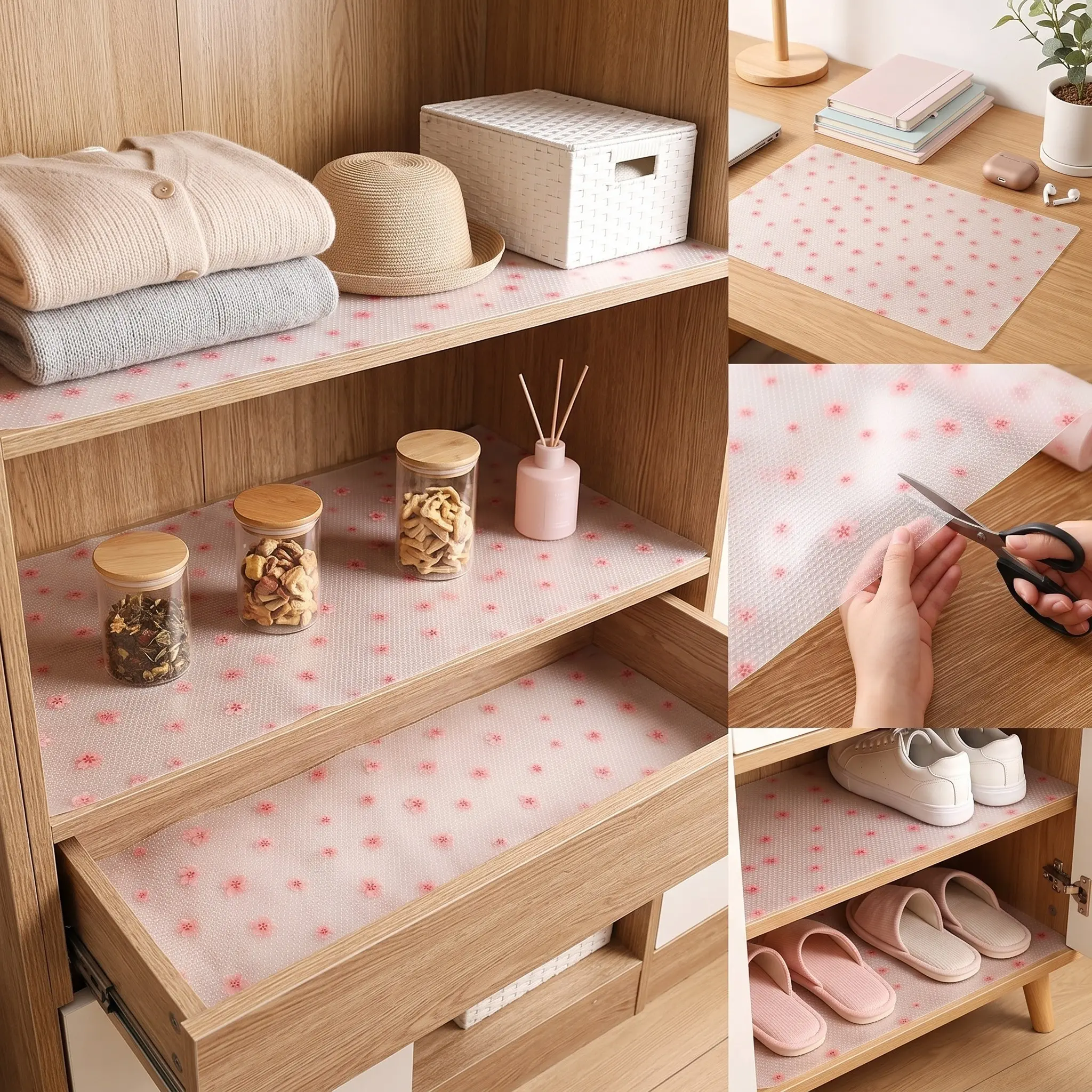 Eva Kitchen Cabinet Lining, Non-Stick Waterproof Oil-Resistant, Cherry Blossom Design, Easy Clean Durable, Anti-Slip Shelf Protector
