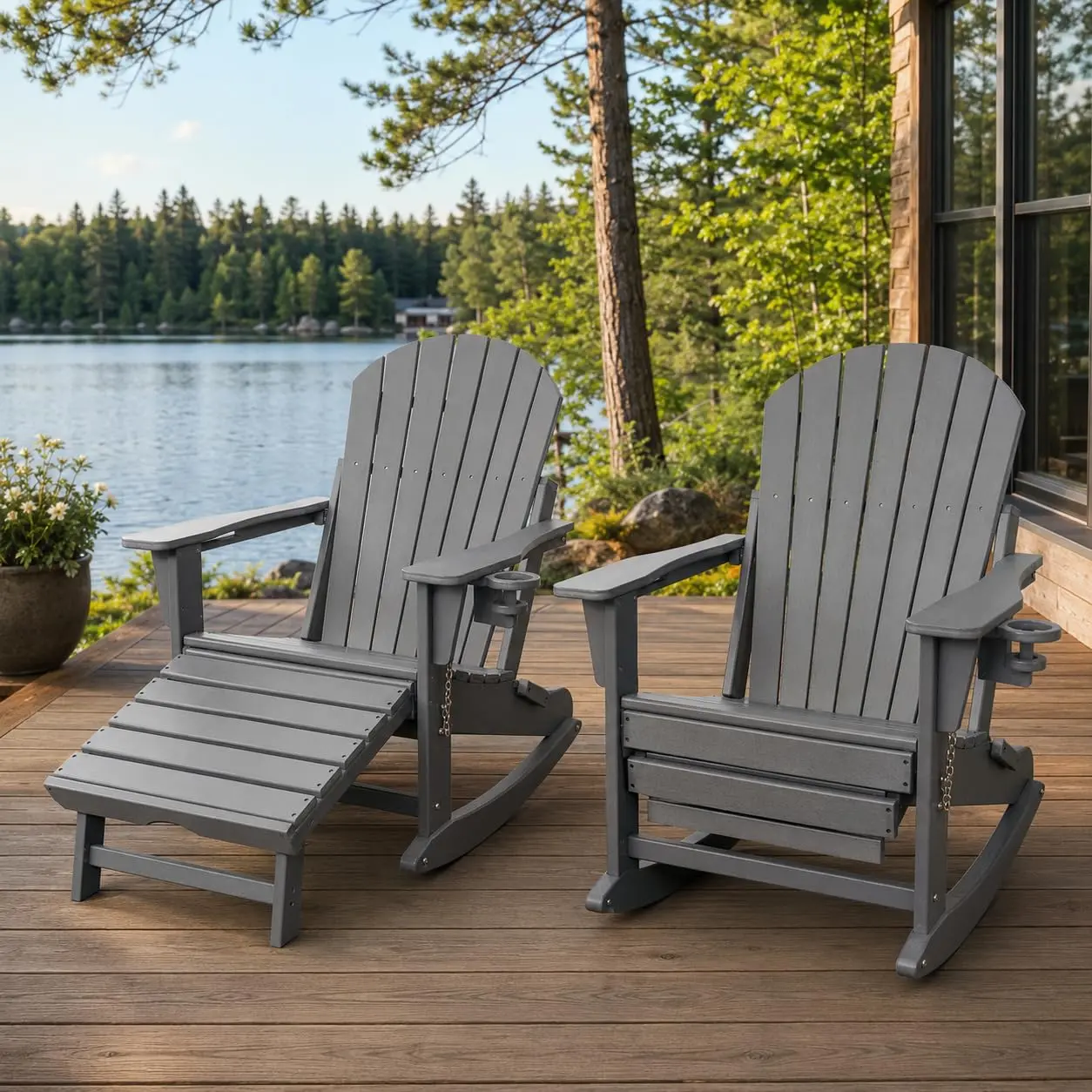 GARVEE Folding Adirondack Outdoor Rocking Chair with Two Cup Holders, HDPE All-Weather Porch Rocker for Comfortable Relaxation