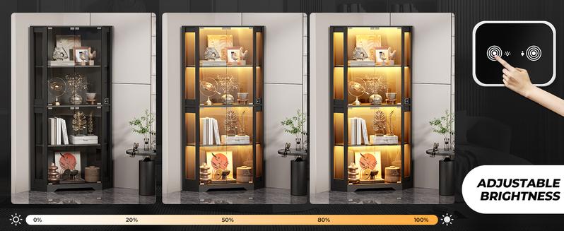 BROTTAR Display Cabinet with Glass Doors, 65" Lighted Curio Cabinet with 3 Color Lights for Collectibles, Toys, 4-Tier Corner Display Case with Human Body Sensor for Living Room,  Led Lighting,Large Storage Capacity ,Black