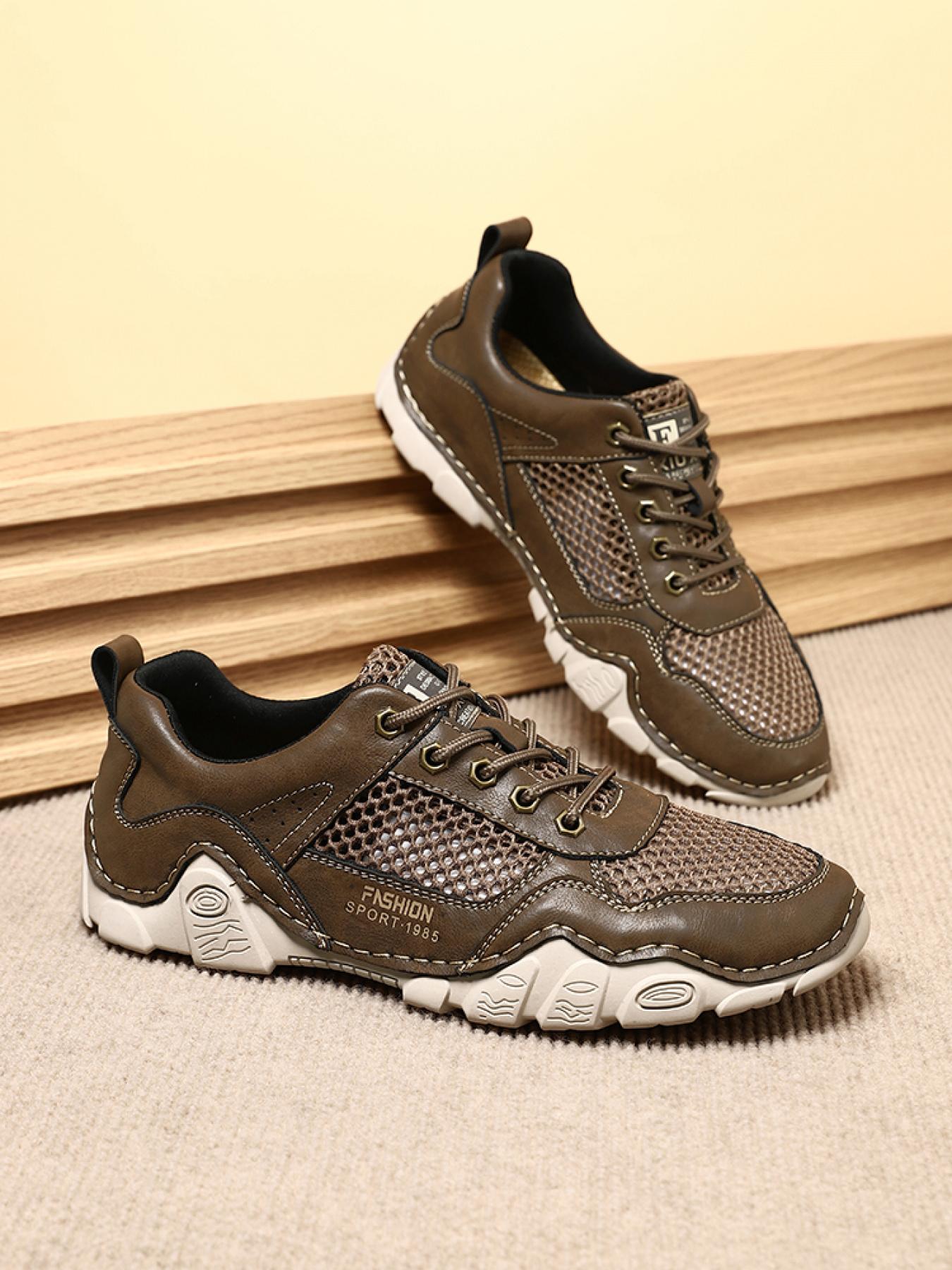 Men's Solid Color Mesh Patchwork Casual Sneakers, Hand-Stitched Thick-Soled Non-Slip Hiking Shoes, Trendy Versatile Breathable Dad Shoes