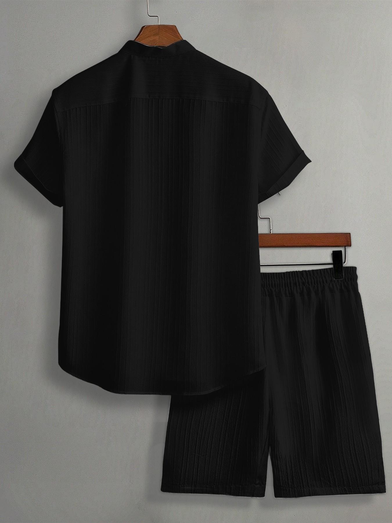 Men's Textured Stand Collar 2-Piece Outfit Set | Black/White/Grey Color Options | Short Sleeve Button Shirt + Drawstring Waist Shorts | Soft Breathable Fabric | Perfect for Summer Casual Outings, Streetwear & Smart Casual Style | Essential Set