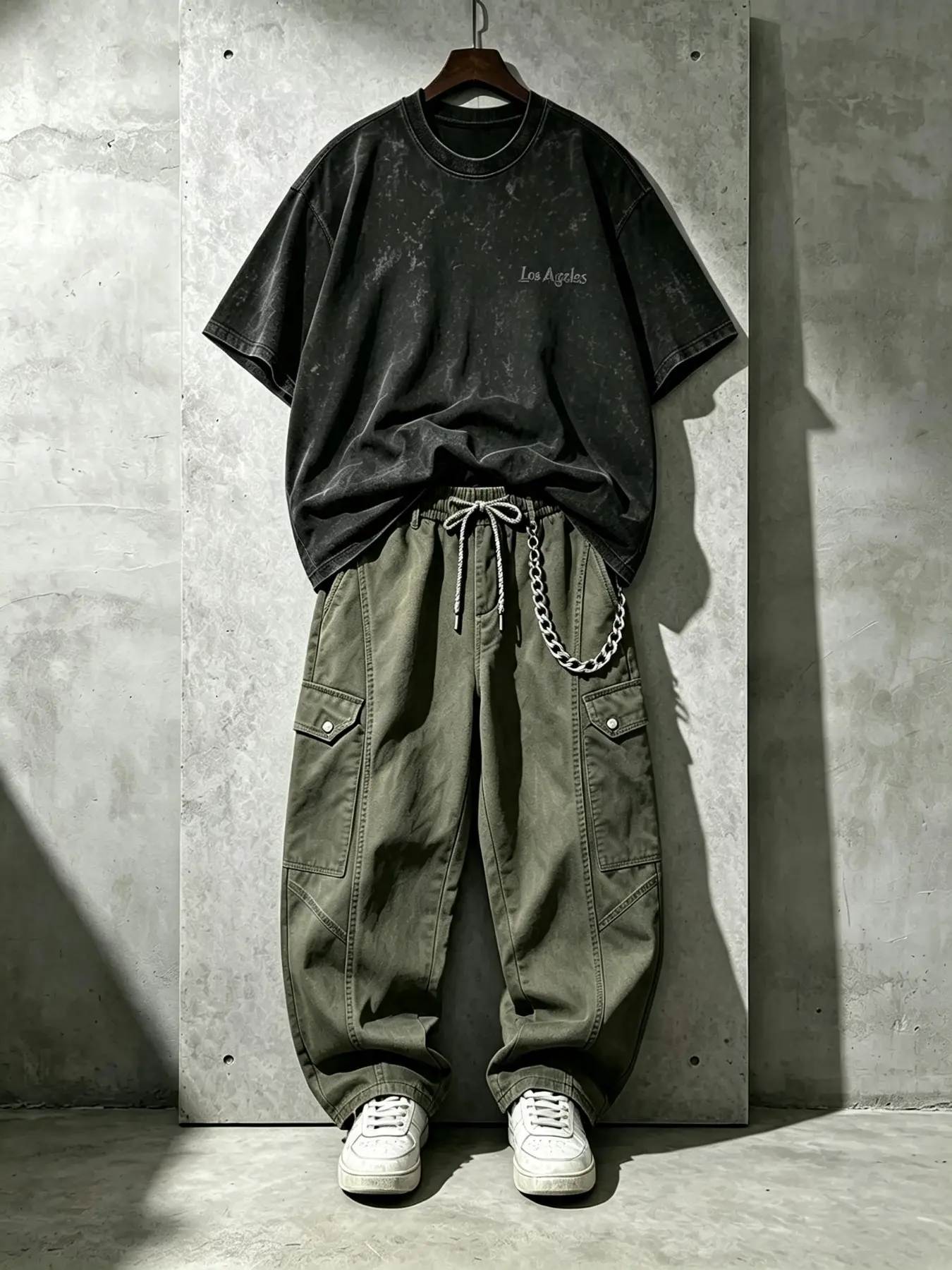 Unisex Washed Black 100% Cotton Mini Logo Short Sleeve Tee + Army Green Drawstring Adjustable Multi-Pocket Cargo Wide Leg Pants Set American Vintage Workwear Casual 2 Piece Outfit
