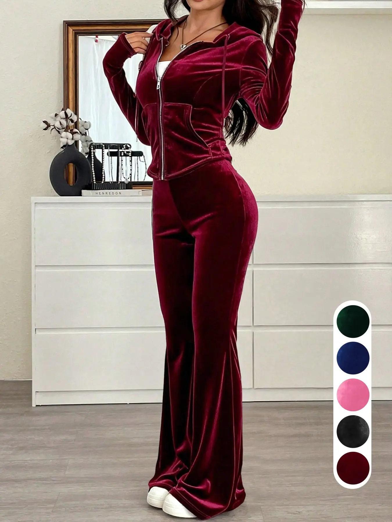 Fall Women Velvet 2‑Piece Stylish Tracksuit Zip‑Up Hooded Long Sleeve Top & Flare Pants Casual Loungewear Outfit