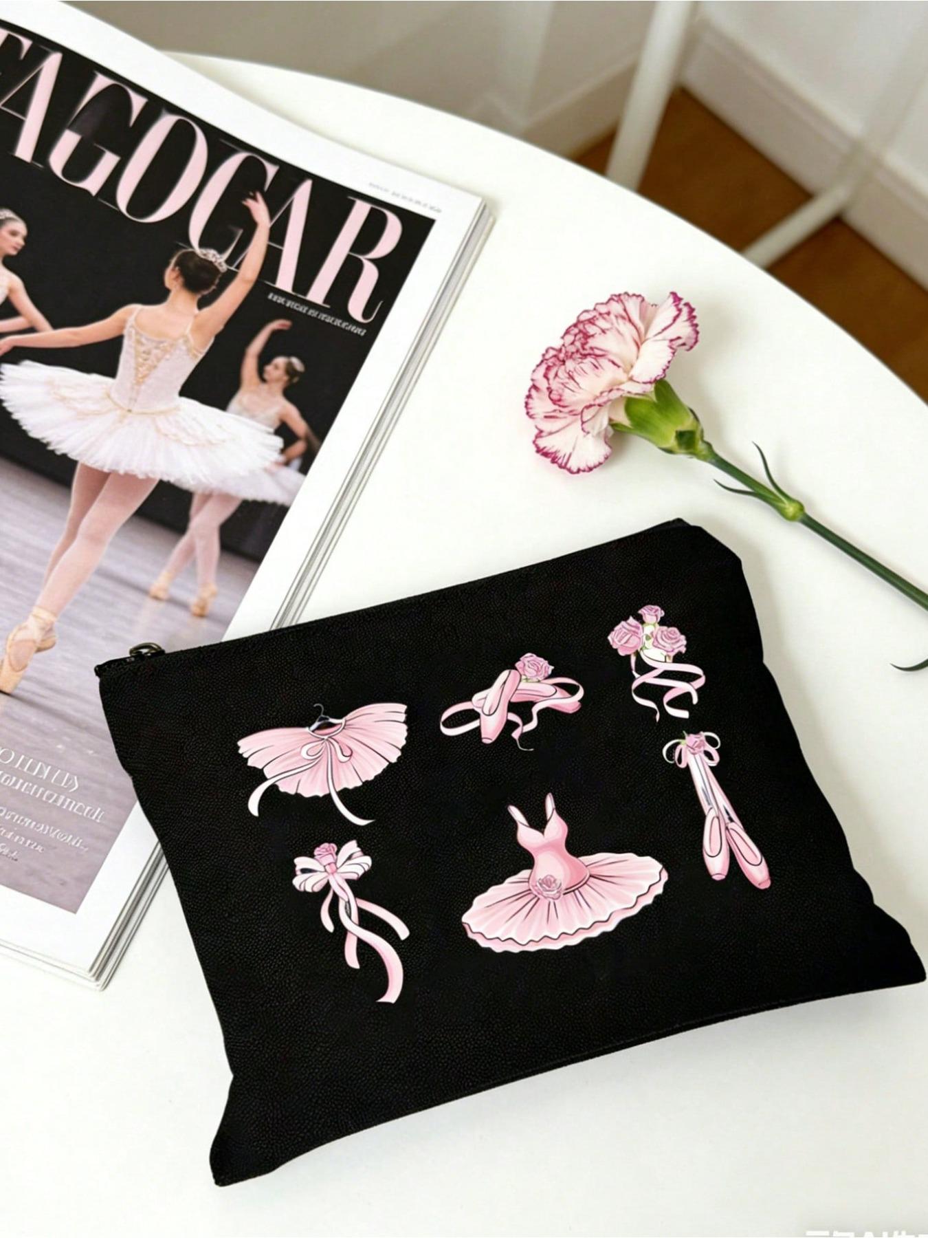 Ballet Pattern Women's Black Makeup Storage Bag, Handbag, Zippered Canvas Bag, Cute Retro Ballet Skirt, Dance Shoes, Rose Element, Bow Element, Vacation Bag, Large Capacity Storage Bag,
