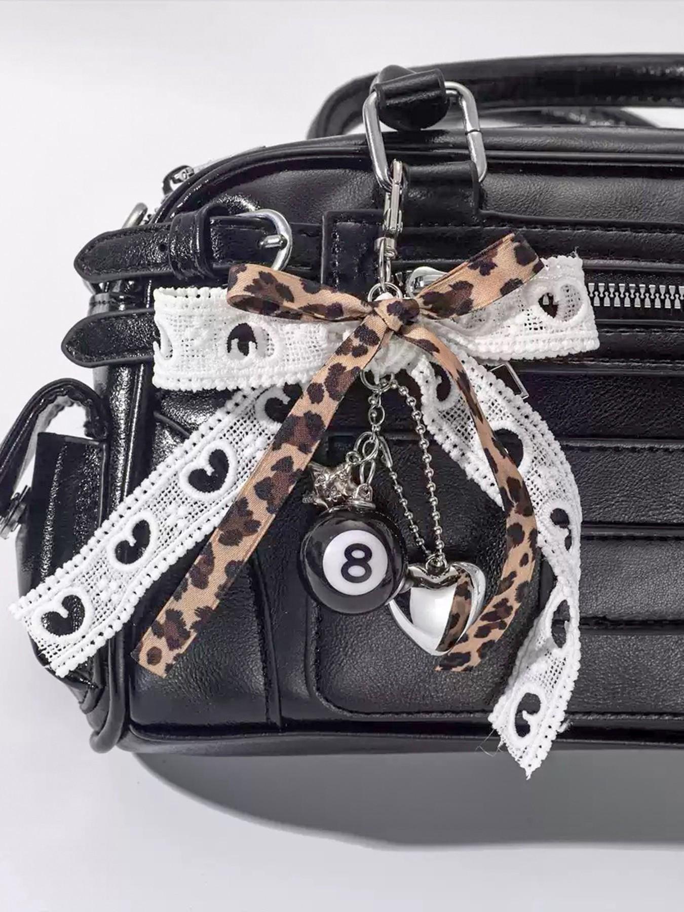 Cool and stylish practical texture leopard print size 8 ball pendant, leopard print bow+lace ribbon, black 8 billiards+heart pendant, exquisite and sweet style, versatile bag/key, can be given to friends