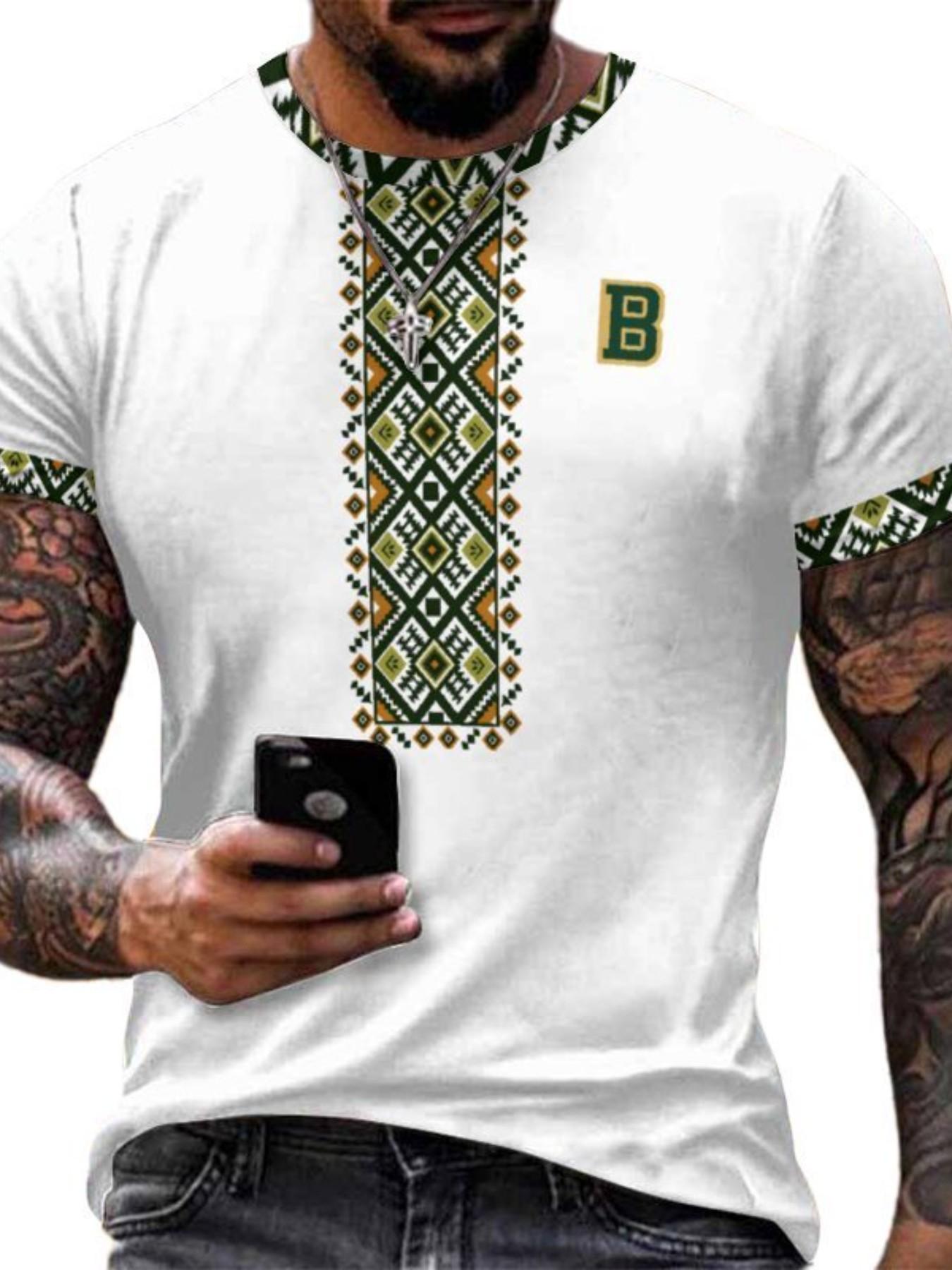 Men's Geometric Print Casual T-Shirt, Ethnic Clothing Print, Breathable Sweat-Wicking Fabric, All-Season Comfort Fit Shirt