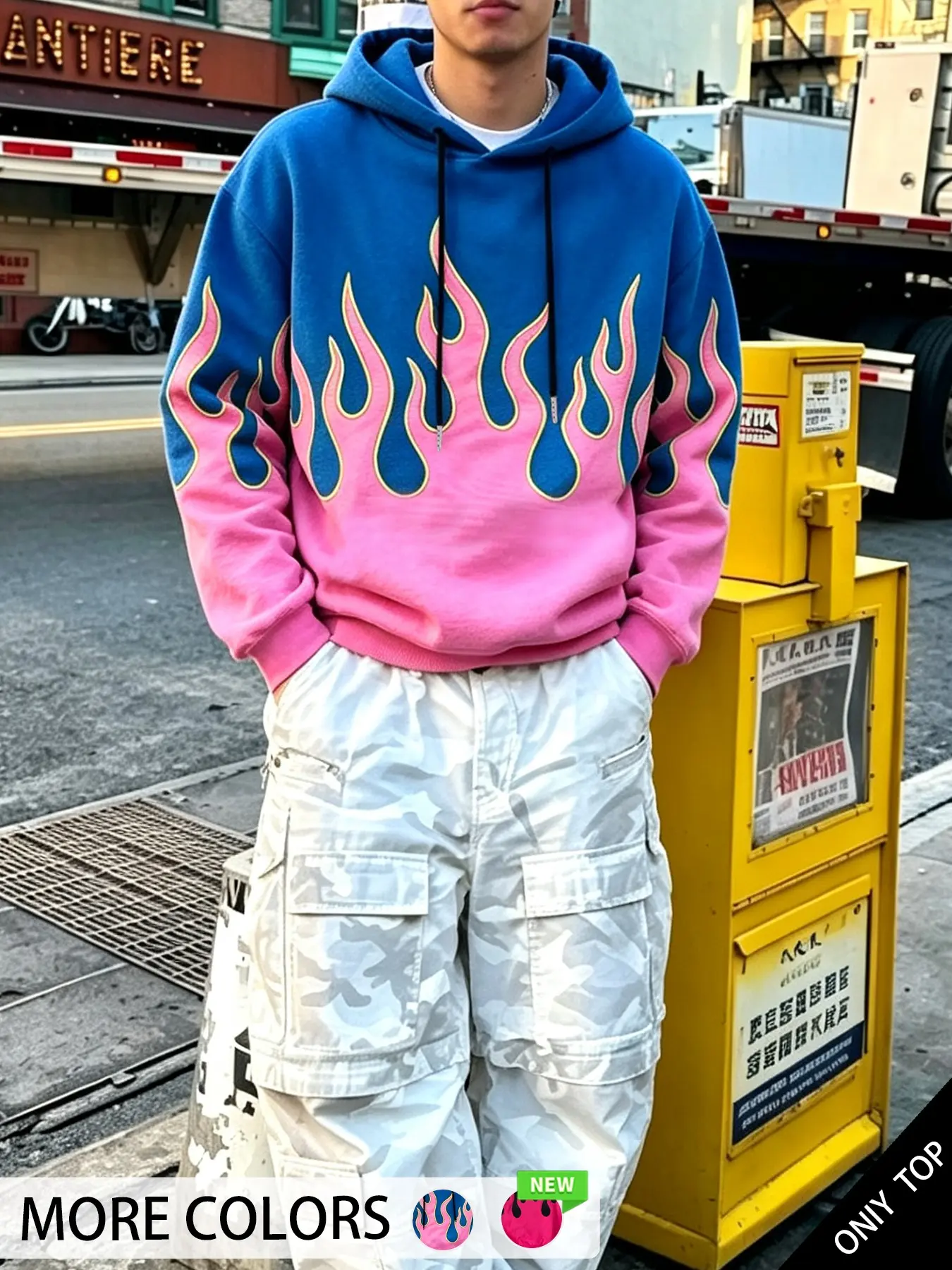 Men's Colorblock Flame Print Hoodie, Loose-Fit Long Sleeve Sweatshirt, Punk Style Casual Top, Streetwear Daily Wear，Men's Tops，Men's Special Occasion Clothing