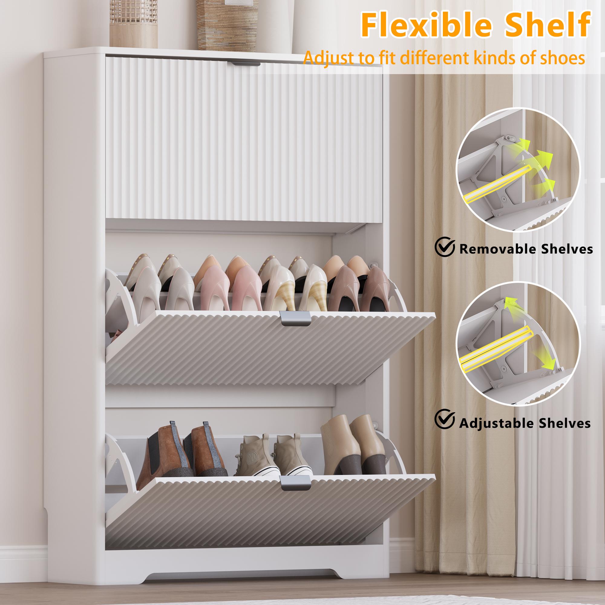 Natural Finish Shoe Cabinet Storage for Entryway with 3 Flip Drawers, Black Fluted Shoe Cabinet with Adjustable Shelves, Wooden Hidden Shoe Rack Freestanding Narrow Slim Shoes Storage for Hallway, Entrance