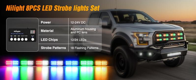 Nilight 8PCS Led Strobe Lights with Controller 12V 24V Sync Feature Amber Green Strobe Light 12 24 LED Surface Mount Hazard Warning Lights with Strobe Controller for Vehicle Car Truck RV ATV